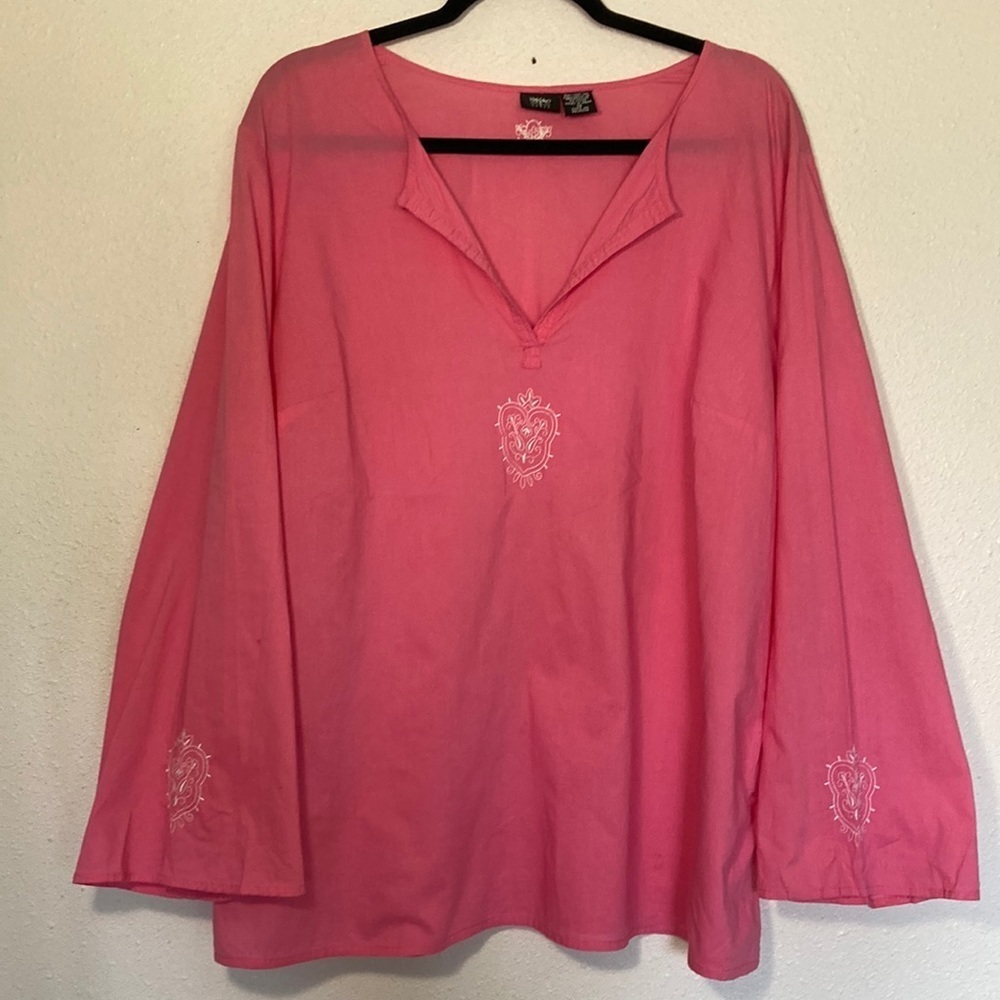 Mossimo Cotton Embroidered Top Blouse Pink Long Sleeve Split Neck Size 1X